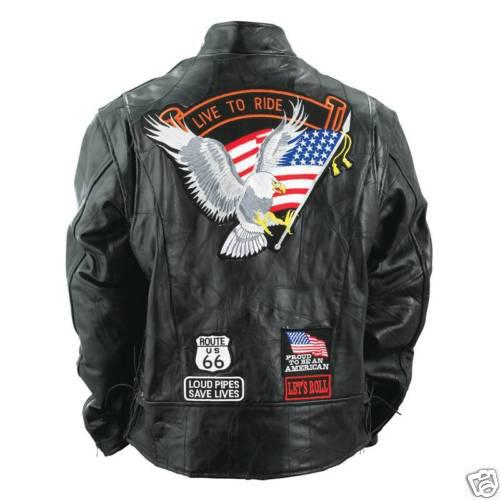 Men's buffalo black leather motorcycle biker jacket w/patches medium
