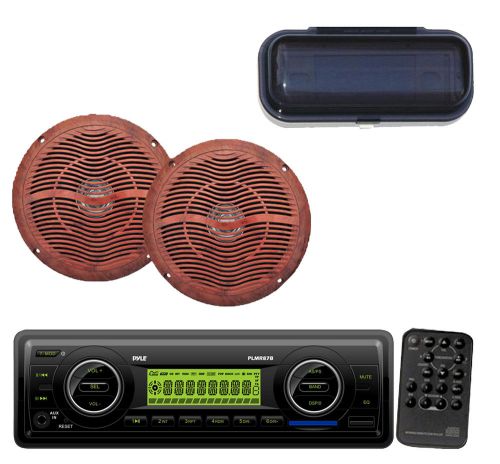 Plmr87wb marine aux sd usb 200w  receiver+ 6.5&#034; wood grain look speakers+ cover