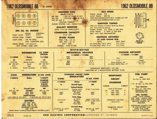 1962 oldsmobile 88 - 32 series 394 ci v8 engine car sun electronic spec sheet