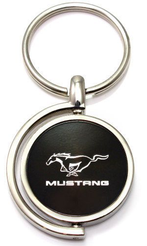 Black ford mustang logo brushed metal round spinner chrome key chain ring spin
