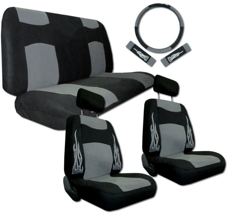 Velour fabric grey black flame sport racing car seat covers 9pc pkg #i