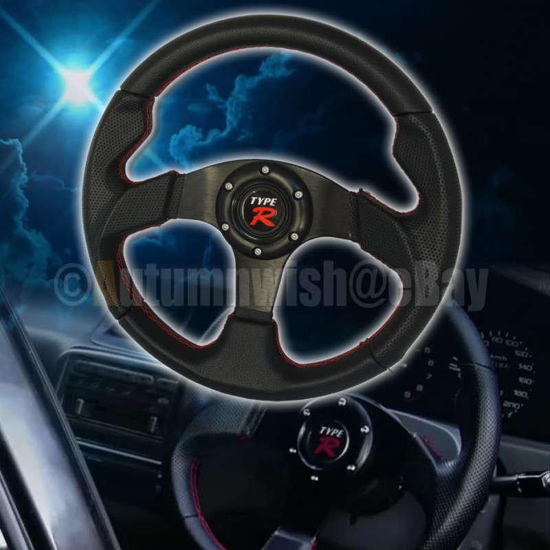 320mm 3 spokes pvc black leather racing steering wheel red stitch + horn