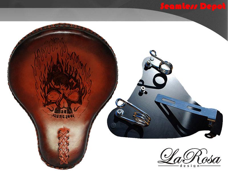 16" larosa shedron leather flame skull seat + 2010 up harley sportster mount kit