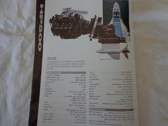 Dated 91 mercruiser hi-performance series hp500 bulldog  single page spec sheet 