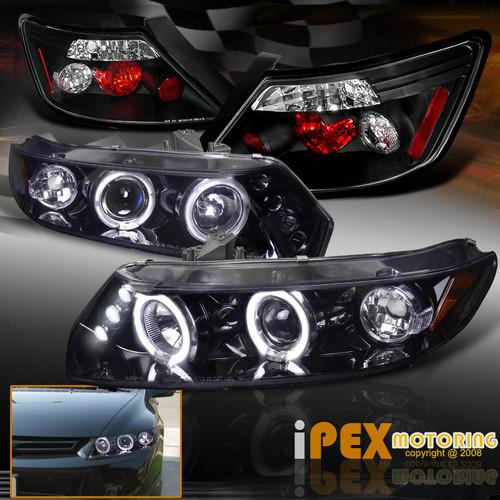 06-11 civic coupe glossy black led halo projector head light w/ black tail lamps
