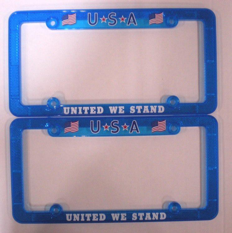 Two (2) blue reflective plastic license plate frames - usa - "united we stand"