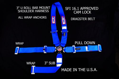 Rjs racing sfi 16.1 cam lock dragster harness u roll bar 5 point blue 1030303