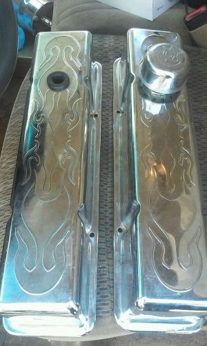 58-86 sbc chevy 350 chrome tall flame steel valve covers small block 283 305 327