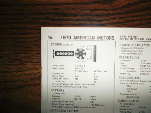1970 american motors amc six series models 232 ci l6 tune up chart