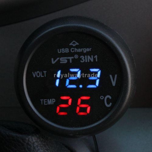 3in1 car 12v 24v blue led digital voltmeter, thermometer, usb charger