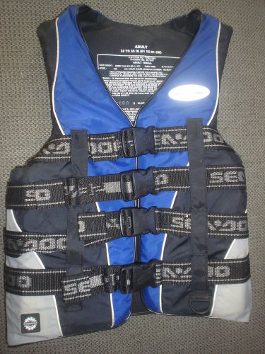 Sea doo life vest ski vest pfd adult small 32&#039;-36&#034; blue &amp; silver new oem h4s