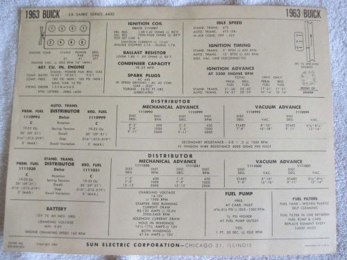 1963 buick lesabre series 4400 401 v8 sun tune up chart sheet