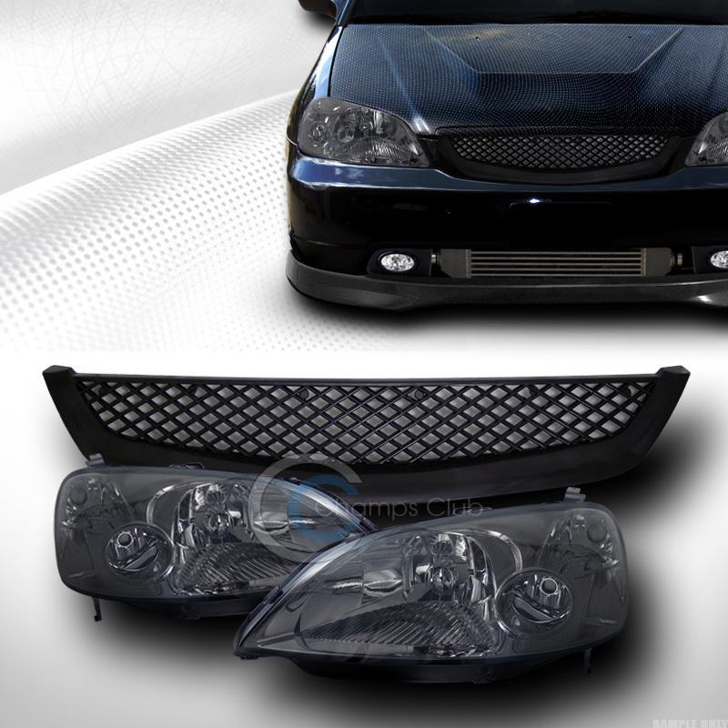 Smoke head lights signal lamp+t-r mesh front bumper grill grille blk 01-03 civic