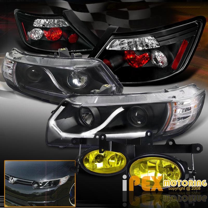 Honda civic coupe led projector head light w/ tail lamps set + yellow fog lamp