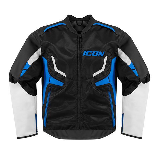 Icon compound leather/textile motorcycle jacket blue lg/large