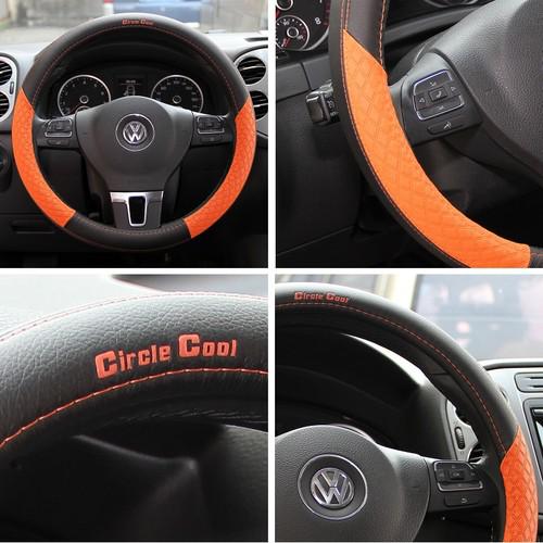 Fit hyundai kia subaru black+orange leather steering wheel cover suv 58013 38cm 
