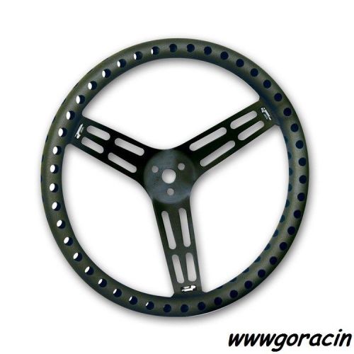 Longacre 14&#034; uncoated black aluminum drilled steering wheel 2 1/2&#034; dish,imca