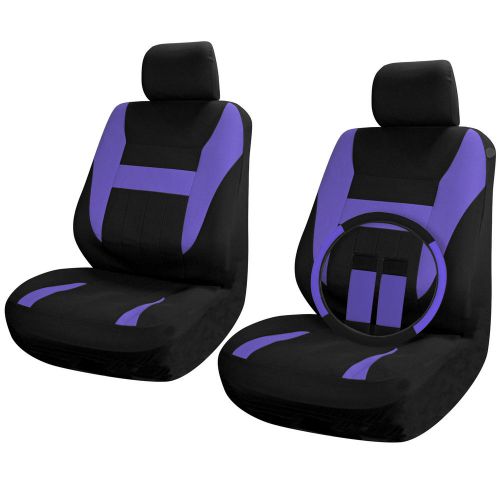 Car seat covers for front bucket seats black / purple 9pc w/steering wheel cover