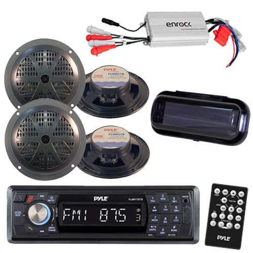 Pyle marine am/fm radio stereo system &amp; bluetooth &amp; cover + 800w amp 4 speakers
