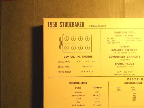 1958 studebaker eight series commander models 259 ci v8 tune up chart