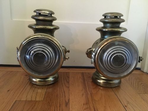 2 matching  vintage brass kerosene auto lamps (12&#034; tall).  glass-no scratches