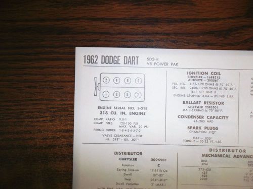 1962 dodge dart eight series sd2-h models power pak w/318 ci v8 tune up chart