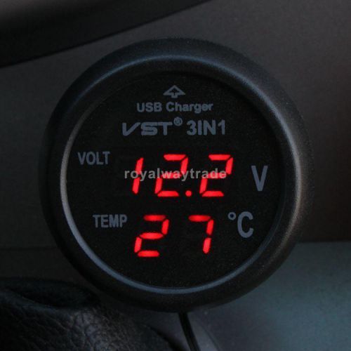 3 in1 car 12v 24v red led digital voltmeter, thermometer, usb charger