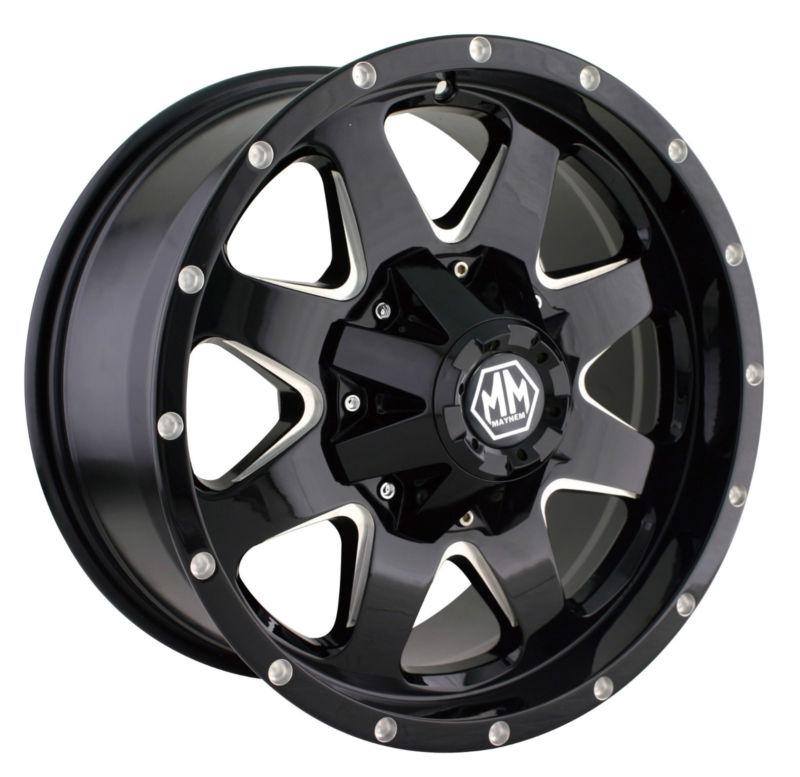 18x9 mayhem tank 8040 5,6,8 lug 4 new black wheels rims free caps lugs stems