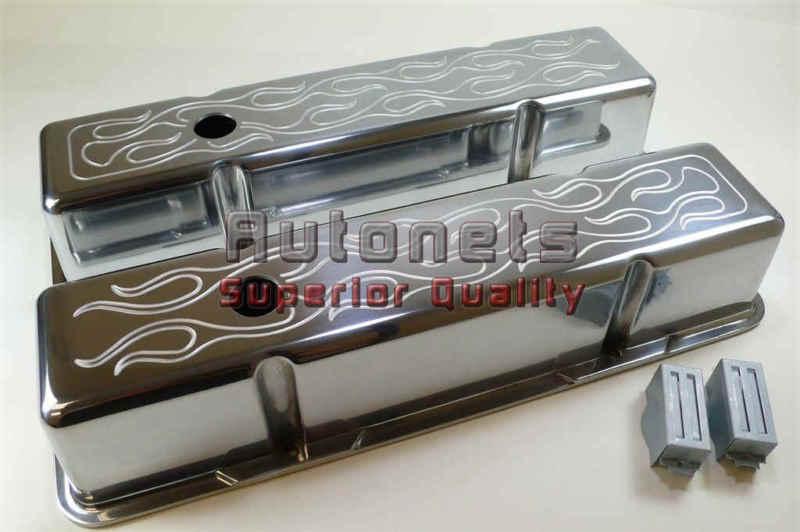Polished aluminum tall flame small block chevy sbc valve covers breather hole
