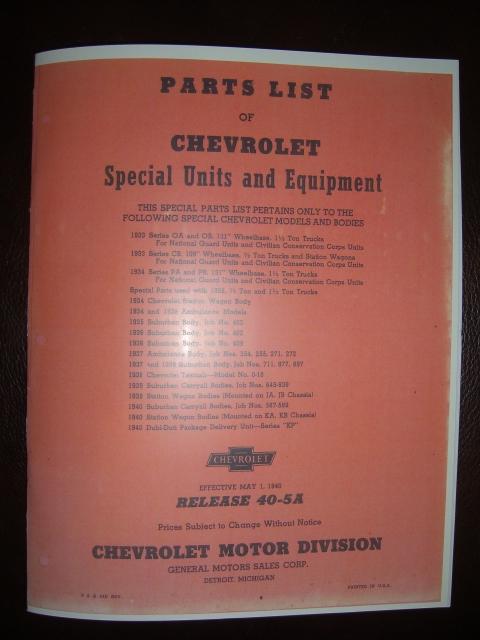 ~parts list of chevrolet special units & equipment suburban taxi1931-1940reprint
