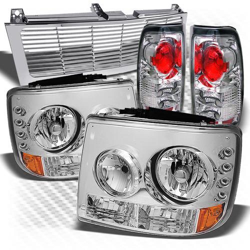 99-02 silverado chrome 1pc headlights + front grille + altezza style tail lights
