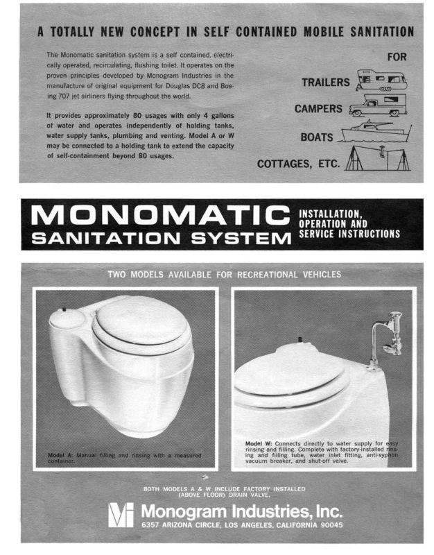Vintage 1966 monomatic rv toilet installation operation & service manual cd