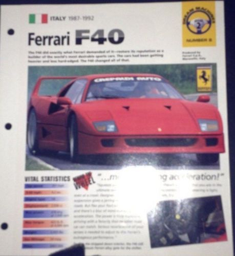 Ferrari f40 1987-1992  hot cars poster with vital statistics dream machine