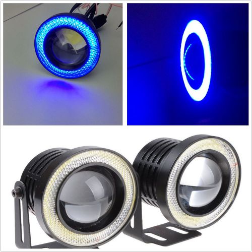 2 pcs blue led cob halo angel eye ring vehicle projector fog light daytime lamps