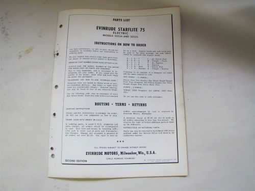 Used 1961 evinrude 50524 50525 starflite 75 electric parts list/catalog