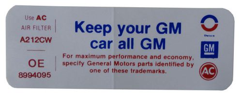 1975 oldsmobile &#034;keep your gm car all gm&#034; air cleaner decal - 455