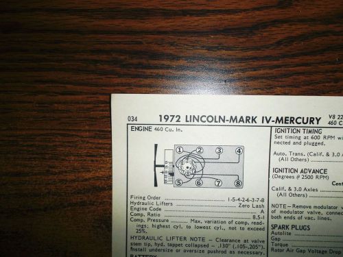 1972 lincoln, mark iv &amp; mercury 224 hp 460 v8 4bbl sun tune up chart great shape