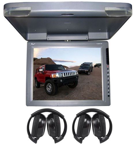 Tview t1508ir 15&#034; gray thin ceiling flip down car monitor + 2 wireless headsets