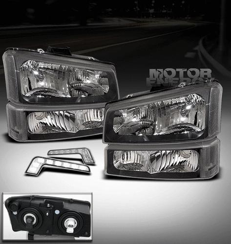 03-06 chevy silverado pickup truck black crystal head light+bumper+led drl clear