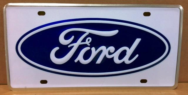 Ford hot rod white blue oval metal aluminum front novelty license plate tag