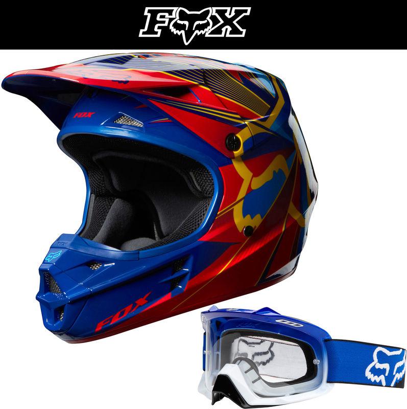 Fox racing v1 radeon blue red dirt bike helmet w/ blue fade airspc goggle