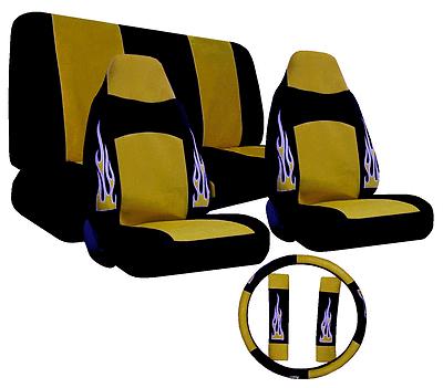 Flame yellow blk high back bucket velour cloth car truck suv seat covers set #y