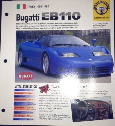 Bugatti eb110 1992-1995 hot cars poster with vital statistics dream machines