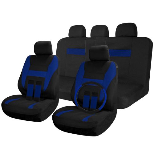Car seat covers black / blue 17pc full set w/steering wheel/belt pad/head rest