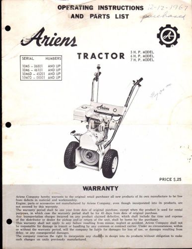 1967 ariens tractor 5,6,7 hp owners &amp; parts manual p/n tip-67  (992)