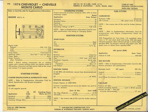 1974 chevrolet chevelle/monte carlo 400 ci v8 4 bbl car sun electric spec sheet