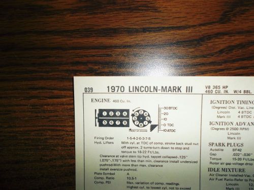 1970 lincoln &amp; mark iii eight series models 460 ci v8 tune up chart