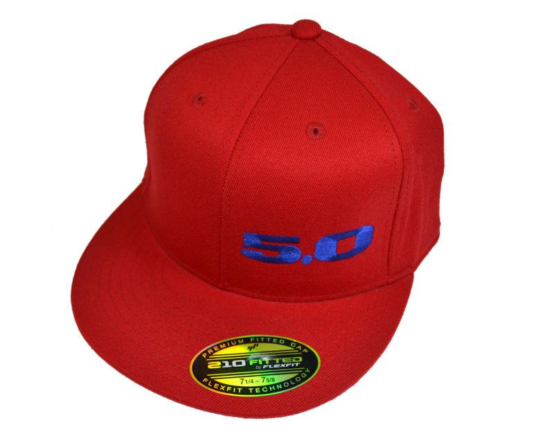 New ford 5.0 premium fitted hat red w/ blue 5.0 size 7 1/4 - 7 5/8 flex fit 