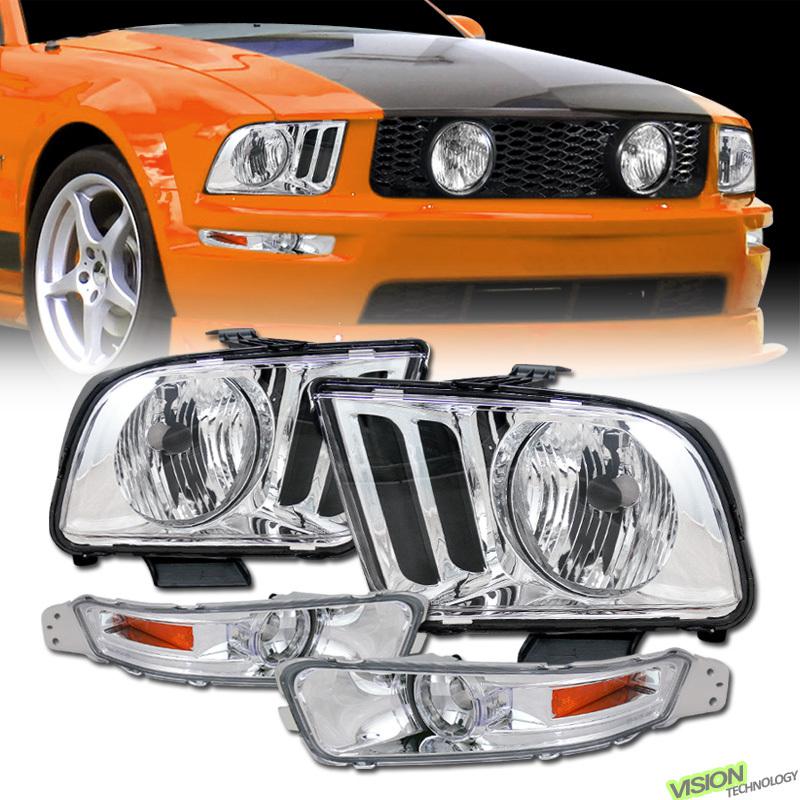 4pc 05-09 ford mustang chrome head lights+euro clear front bumper lamps w/ amber