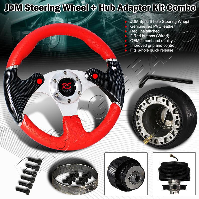 90-93 98-02 honda accord dual nos button pvc leather red steering wheel + hub